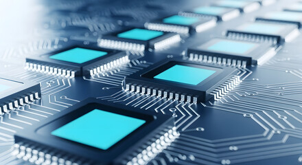 Close up of a circuit board with microchips, representing technology and computer science concept