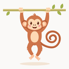Cute cartoon monkey hanging from a tree branch, illustration of a playful primate with a curly tail, perfect for children's books and jungle-themed designs