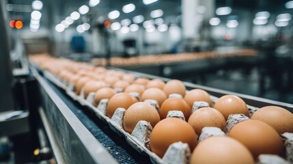 Fototapeta premium Automated Conveyor Belt Transporting Eggs in Cardboard Trays
