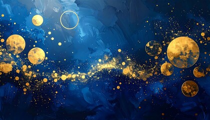 Abstract artwork featuring stylized golden orbs scattered across a textured, dark blue background, reminiscent of a cosmic scene. Brushstrokes visible