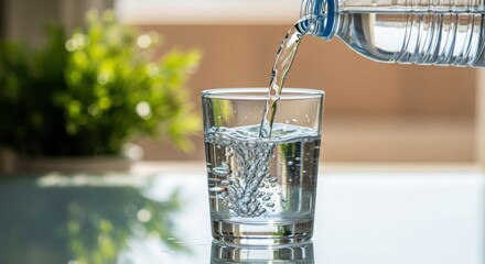 Pouring fresh water from a bottle into a glass with plant background