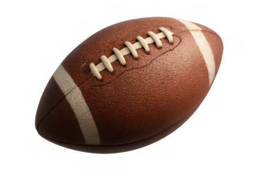 American football ball showing laces and stripes, symbolizing sports, competition, and teamwork on transparent background