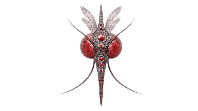 Cyber Insect Design with Red Eyes and Metallic Wings on white background