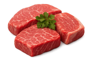 Fototapeta premium Three raw beef wagyu style steaks for grilling, showing marbling and fresh parsley, transparent background