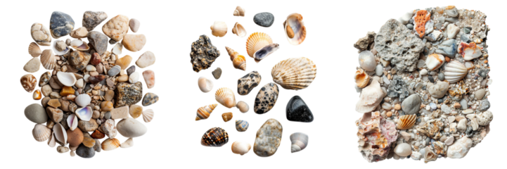 An assortment of rocks seashells collected from the beach in multiple shots