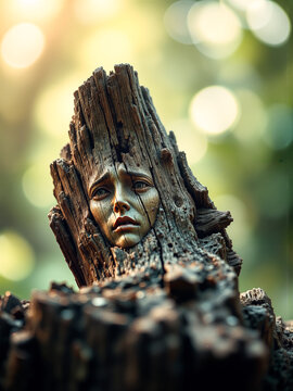 Holzskulptur eines Gesichts im verwitterten Baumstamm, surrealer Naturgeist im Wald mit Bokeh