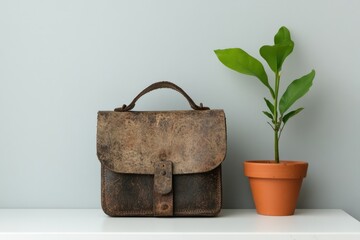 Old brown leather bag and green plant on white table and grey wall background