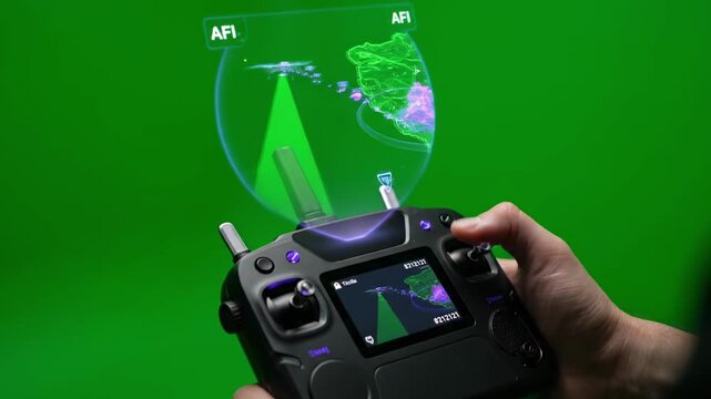 A hand holds a drone controller, projecting a map overlay with green backdrop