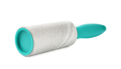 One lint roller with used sticky tape isolated on white
