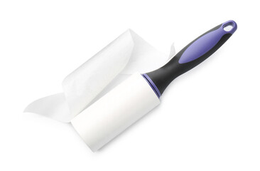 One lint roller with used sticky tape isolated on white, top view