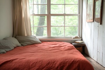 Interior of a country style bedroom with red bedding and window