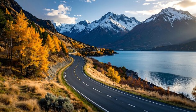 Scenic mountain road winding along a serene lake with autumn foliage