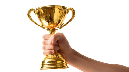 Hand Holding Golden Trophy Cup Isolated on White Background