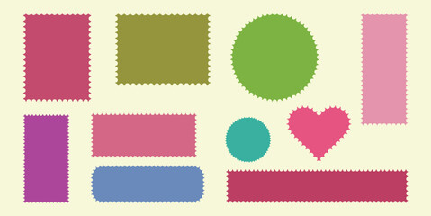 Collection of colorful postage stamp shapes with scalloped edges on cream background Keywords