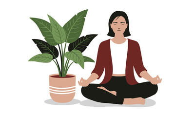 Woman Meditating in Lotus Pose Near a Large Houseplant. Indoor Mindfulness and Wellness Concept, Peaceful Yoga Practice for Relaxation and Zen.