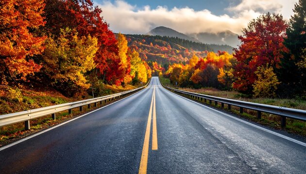 An empty road leads towards a mountain range, flanked by vibrantly colored trees in their autumn foliage. Low-hanging clouds soften the sky