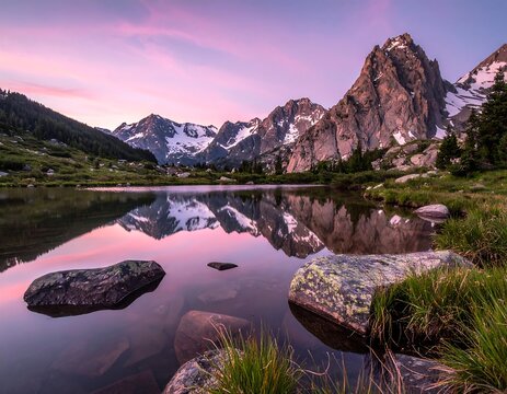 Tranquil scene of a serene lake mirroring majestic snow-capped peaks at dawn