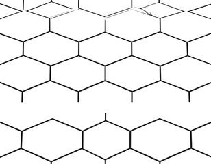 Abstract graphic featuring interconnected hexagonal shapes arranged in a repeating grid pattern, appearing in a 3D-like layered design. The artwork has solid black lines
