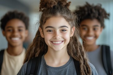 Portrait of smiling african american schoolgirl looking at camera with friends in background