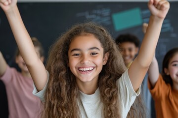 Portrait of smiling schoolgirl raising hands while standing in classroom at school