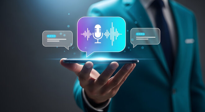 Man holding a smartphone with a voice message icon, representing voice communication and technology