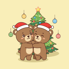 Cute Cartoon Bears Hugging in Front of Decorated Christmas Tree