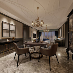 3d render of modern home interior living room, dining area