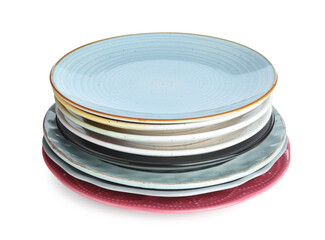 Stack of different ceramic plates isolated on white