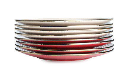 Stack of different ceramic plates isolated on white