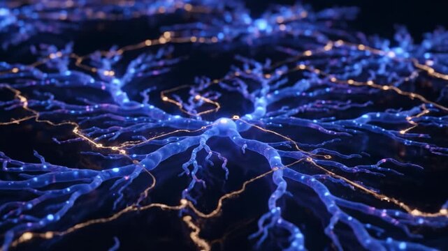 Illuminated neural network structure in vibrant blue and purple showcases intricate connections, representing abstract technology and data flow within complex web of communication