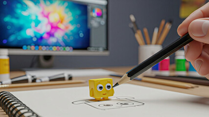 Illustrator's Hand Drawing Cute Character on Desk