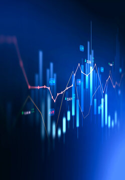 Vertical image of financial data charts with glowing stock market graphs.Stock market investment data and analysis finance graph. Business financial chart with moving up arrow graph.	