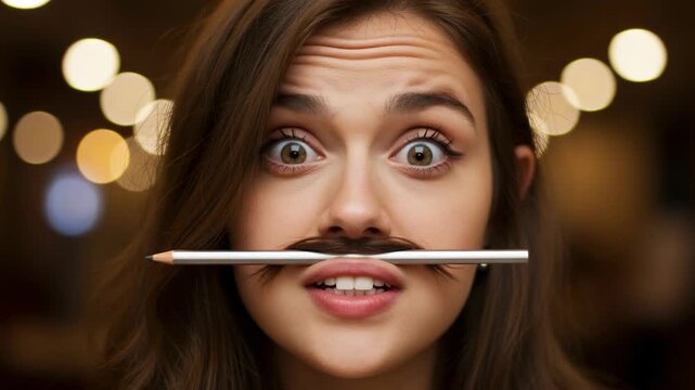 Young woman with a pencil as a mustache looking surprised
