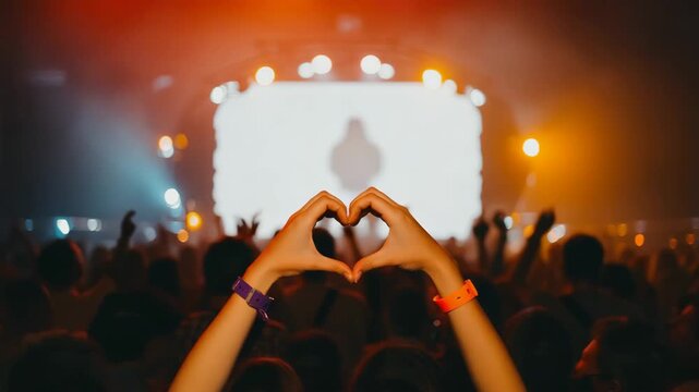 Two hands making heart shape in large crowd of musical concert