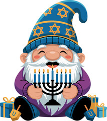 Happy Hanukkah Gnome with Menorah and Gifts.