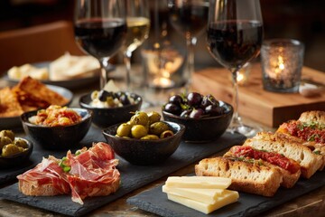 Upscale Tapas Spread with Olives, Cheeses, and Jamon in Wine Bar Setting