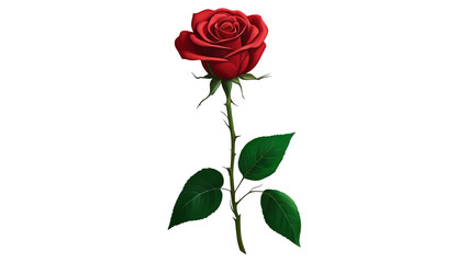Naklejka premium Realistic red rose with green stem and leaves, soft lighting, detailed petals, isolated on transparent background, PNG format