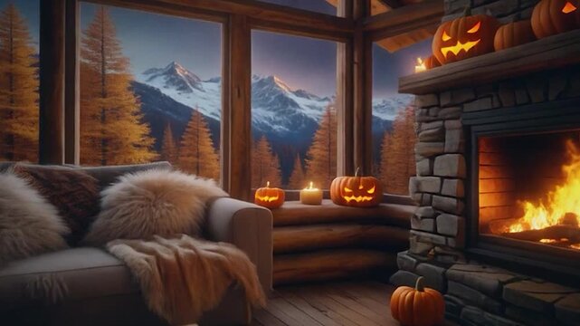 Cozy mountain cabin living room with jack-o&rsquo;-lanterns glowing on table and fireplace, autumn view of snowy peaks through large windows, festive Halloween atmosphere.