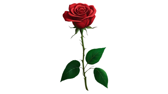 Realistic red rose with green stem and leaves, soft lighting, detailed petals, isolated on transparent background, PNG format - Powered by Adobe
