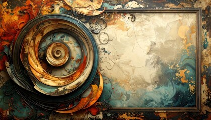 An abstract artwork featuring a layered circular design on the left. It transitions to a framed, textured background with paint splatters