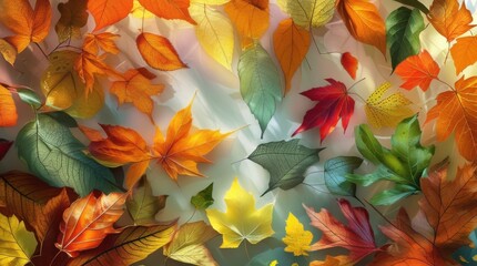 Autumnal Array: A vibrant collage of fallen leaves, showcasing a rich tapestry of autumn's captivating hues and textures, celebrating the seasonal transition and the beauty of change.