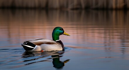 Fototapeta premium A drake duck, sporting a vibrant green head, glides serenely upon a tranquil body of water, reflecting the soft hues of the sky