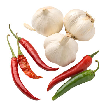 Set of garlic and chili peppers, isolated on white background