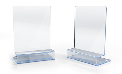 Acrylic table display stand or sign holder. 3d illustration on white background