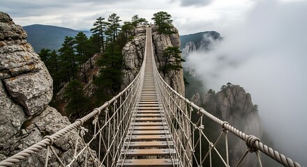 A dramatic suspension bridge connects two mountain peaks, surrounded by dramatic rock formations and enveloped in mist