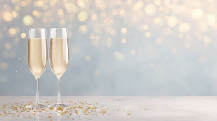 Two elegant champagne flutes filled with sparkling beverage stand on a marble surface, surrounded by golden confetti, creating a festive atmosphere for celebration and special occasions