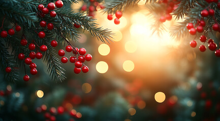 Close up of a christmas tree branch with red berries and bokeh lights