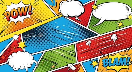 A dynamic, colorful illustration in a comic book style. It features speech bubbles, bold text effects, stars, and speed lines. The layout is fragmented