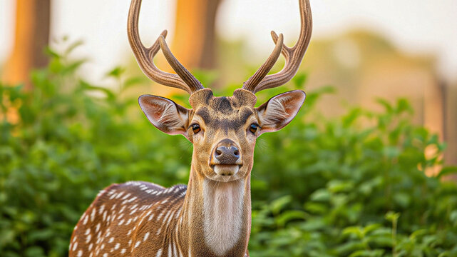 Chital deer stag with antlers in natural green habitat - Powered by Adobe