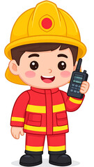 Fototapeta premium Cartoon Firefighter Character Holding a Radio Communicator, Ready to Respond to Emergencies